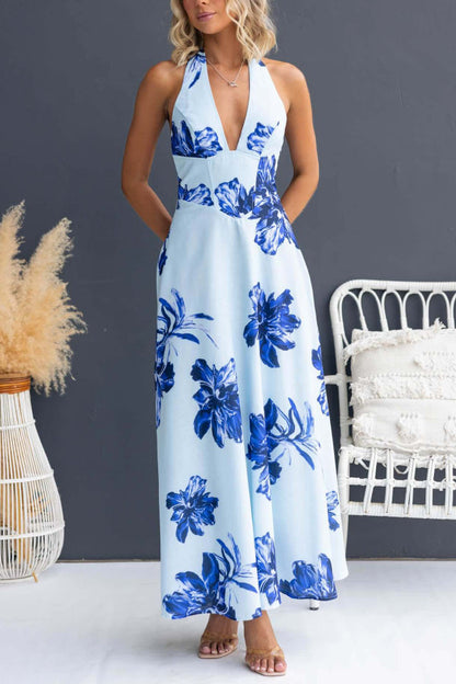 Floral Print V-neck Backless Tie-up Fitted Waist Elegant Maxi Dress