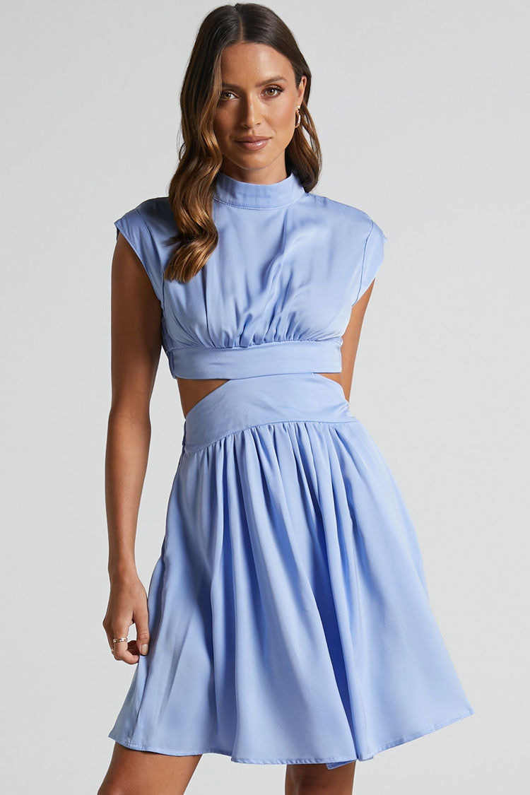 Mock Neck Cap Sleeve Ruched Bodice Waist Cutout Pleated A-Line Mini Dress