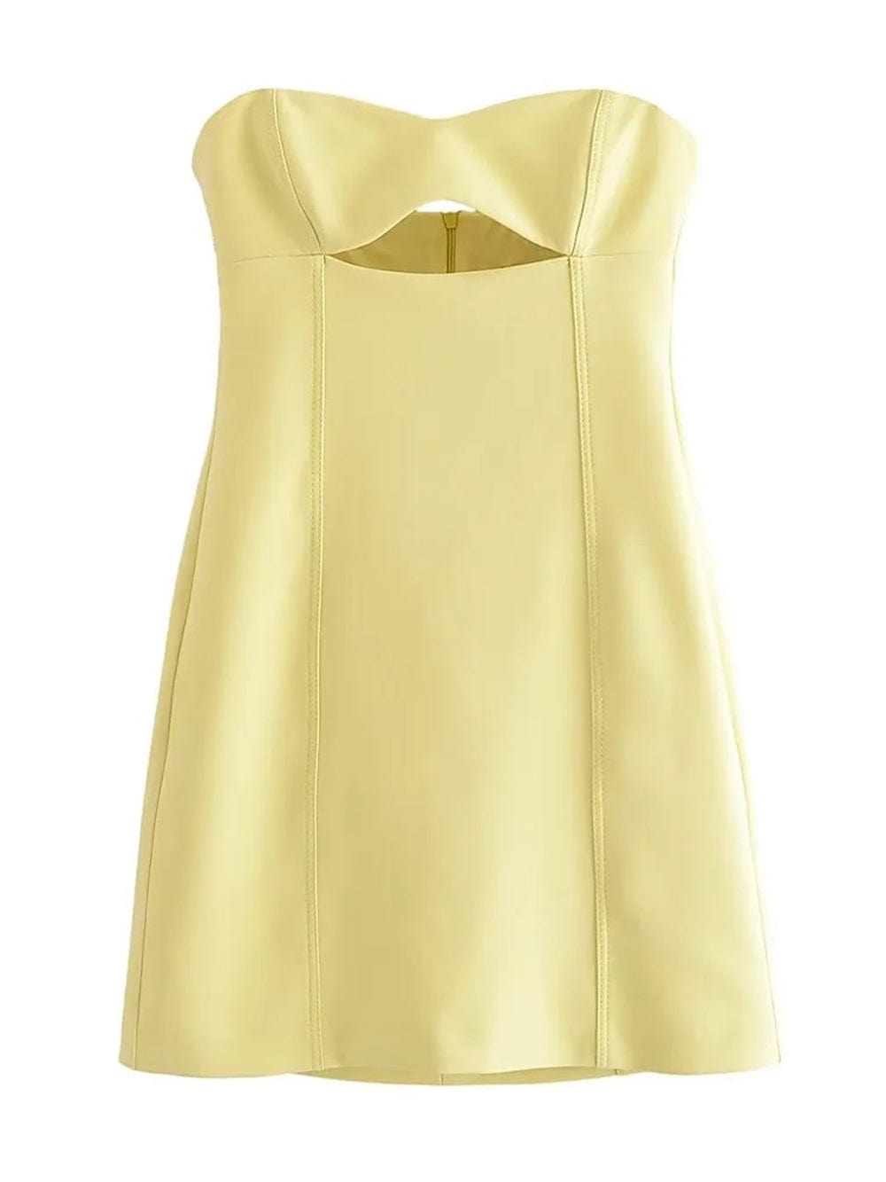 Yellow Faux Leather Strapless Sweetheart Bustier Cut Out Panel Mini Dress