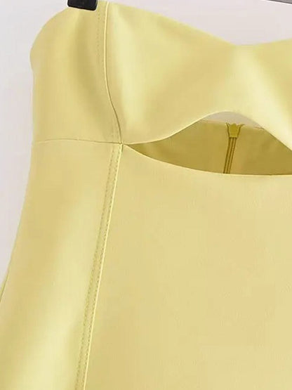 Yellow Faux Leather Strapless Sweetheart Bustier Cut Out Panel Mini Dress