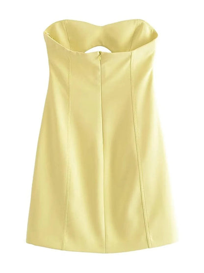 Yellow Faux Leather Strapless Sweetheart Bustier Cut Out Panel Mini Dress