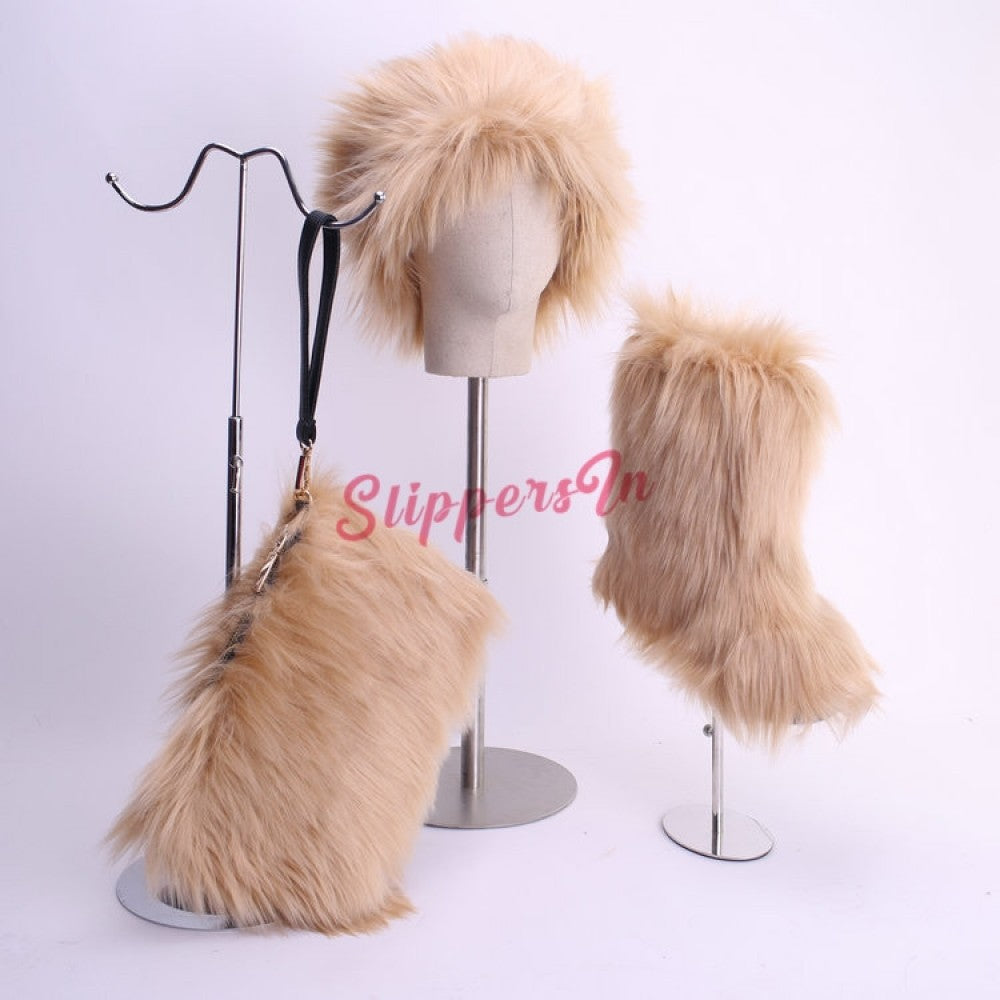 Faux Fox Fur Boots Solid Color Set for Women with Matching Furry Purse and Headband