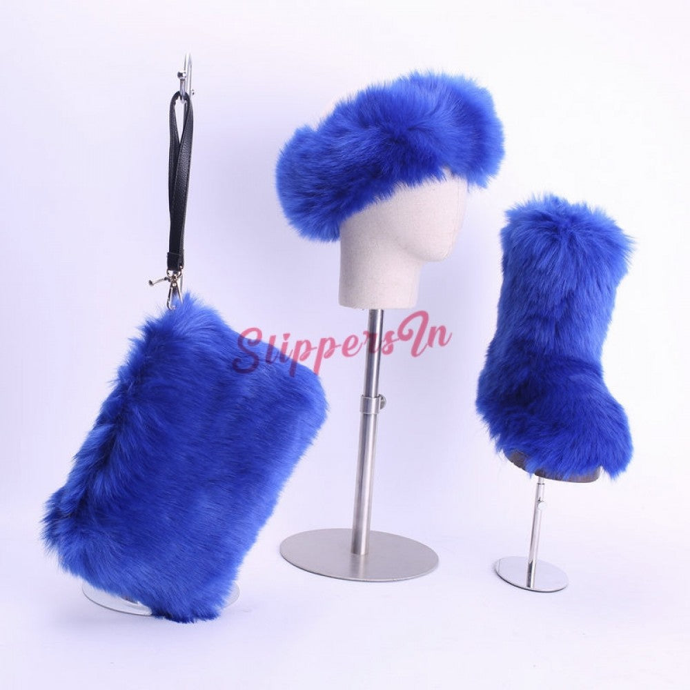 Faux Fox Fur Boots Solid Color Set for Women with Matching Furry Purse and Headband