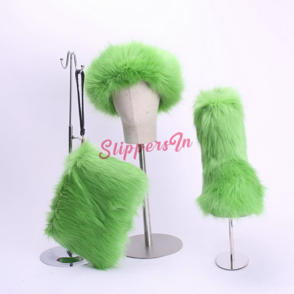 Faux Fox Fur Boots Solid Color Set for Women with Matching Furry Purse and Headband
