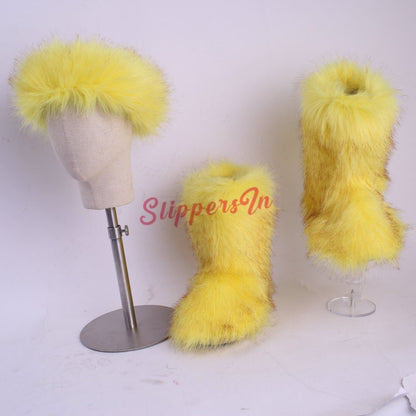 Faux Fox Fur Boots Solid Color Set for Women with Matching Furry Purse and Headband