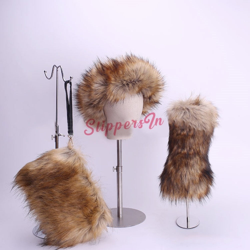 Faux Fox Fur Boots Solid Color Set for Women with Matching Furry Purse and Headband