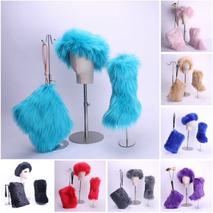 Faux Fox Fur Boots Solid Color Set for Women with Matching Furry Purse and Headband