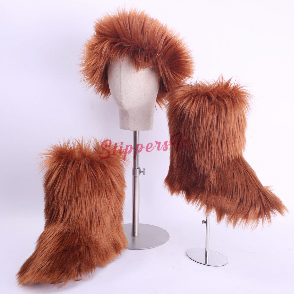 Faux Fox Fur Boots Solid Color Set for Women with Matching Furry Purse and Headband