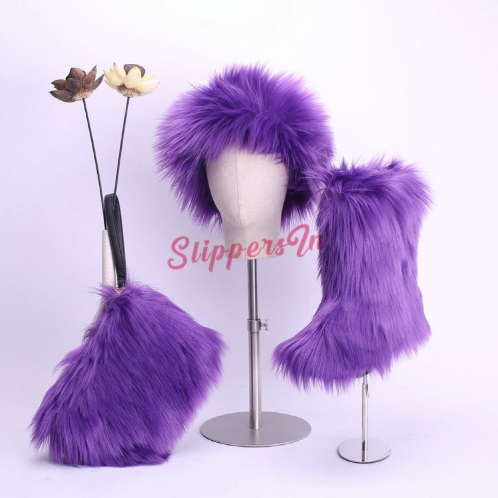 Faux Fox Fur Boots Solid Color Set for Women with Matching Furry Purse and Headband