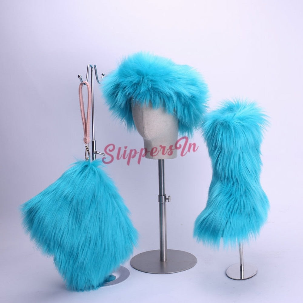 Faux Fox Fur Boots Solid Color Set for Women with Matching Furry Purse and Headband