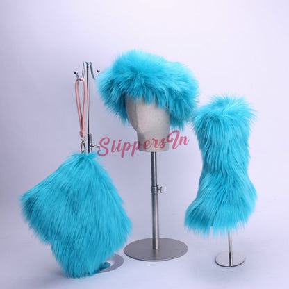 Faux Fox Fur Boots Solid Color Set for Women with Matching Furry Purse and Headband