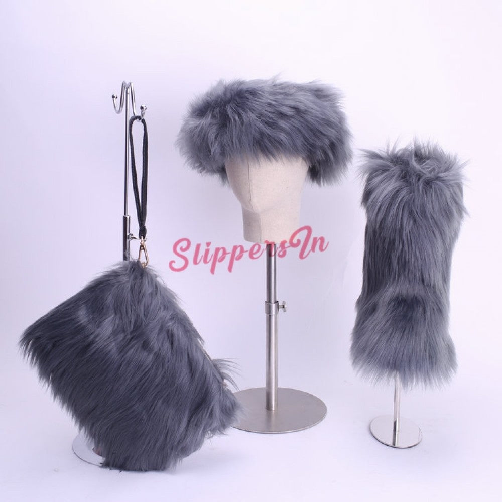 Faux Fox Fur Boots Solid Color Set for Women with Matching Furry Purse and Headband