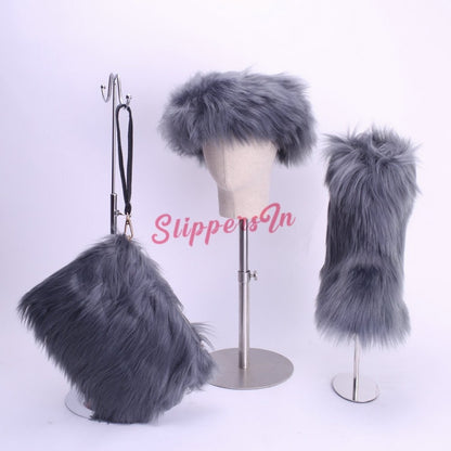 Faux Fox Fur Boots Solid Color Set for Women with Matching Furry Purse and Headband