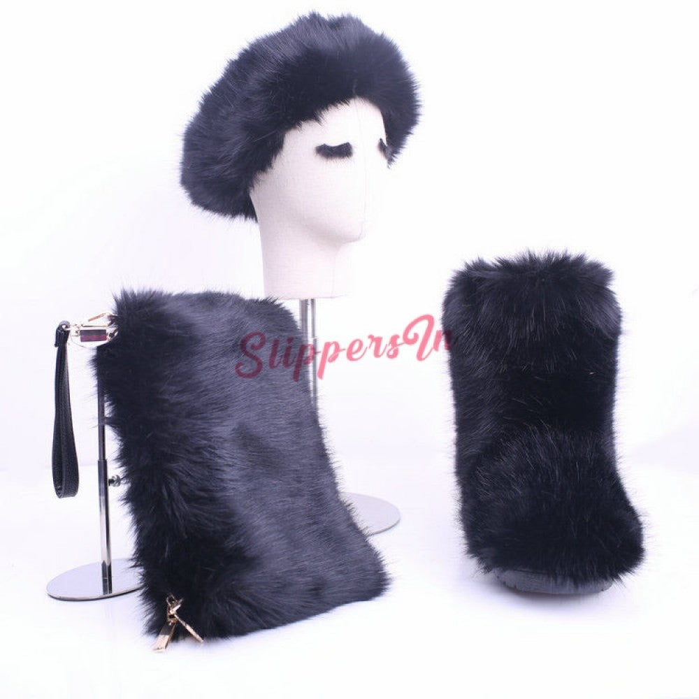 Faux Fox Fur Boots Solid Color Set for Women with Matching Furry Purse and Headband