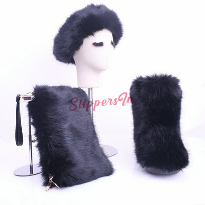 Faux Fox Fur Boots Solid Color Set for Women with Matching Furry Purse and Headband