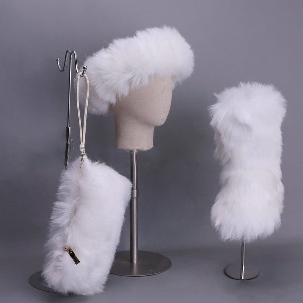 Faux Fox Fur Boots Solid Color Set for Women with Matching Furry Purse and Headband