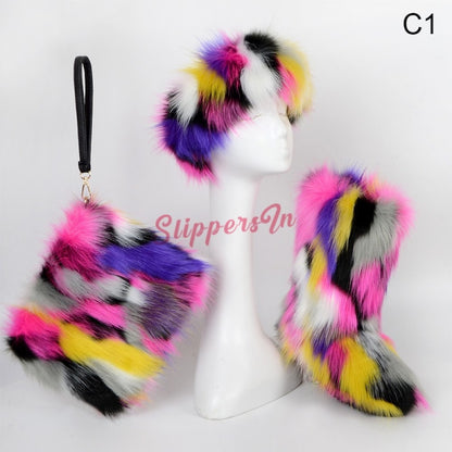 Colorful Winter Faux Fur Boots with Matching Fur Headband and Wristlet Bag Set