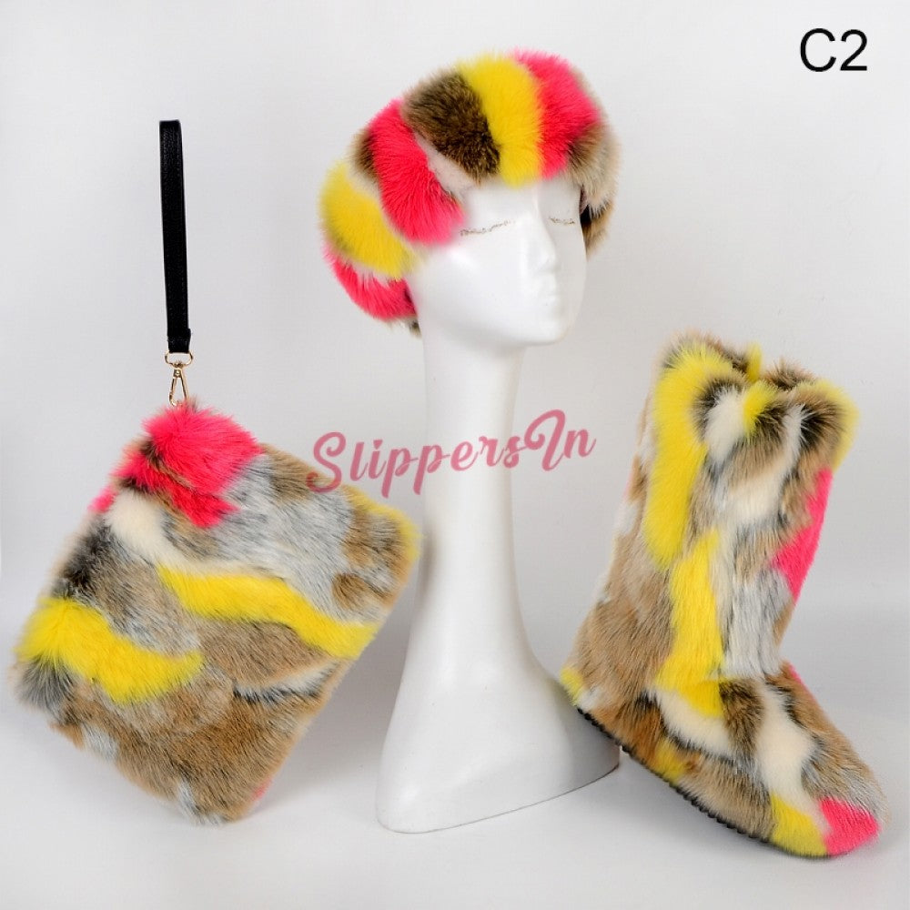 Colorful Winter Faux Fur Boots with Matching Fur Headband and Wristlet Bag Set