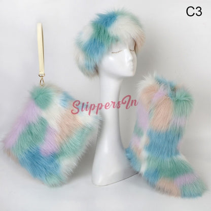 Colorful Winter Faux Fur Boots with Matching Fur Headband and Wristlet Bag Set
