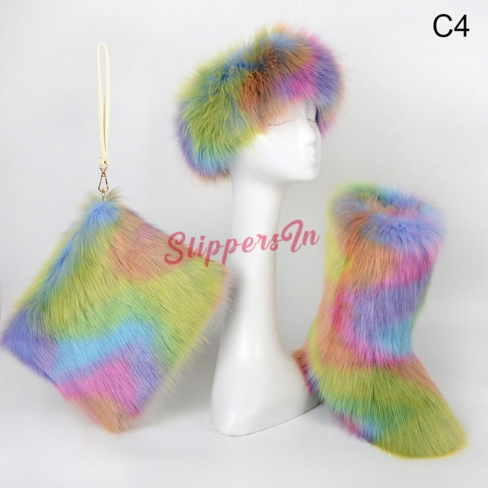 Colorful Winter Faux Fur Boots with Matching Fur Headband and Wristlet Bag Set