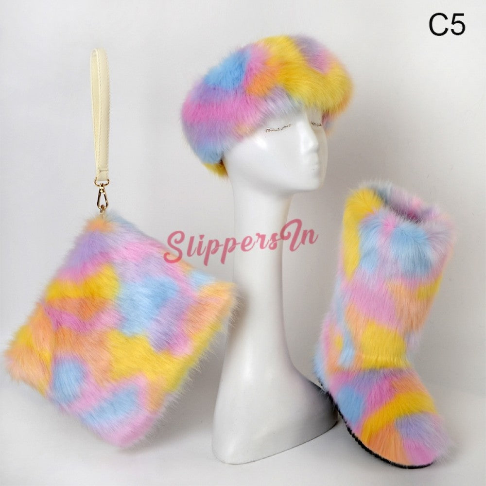 Colorful Winter Faux Fur Boots with Matching Fur Headband and Wristlet Bag Set
