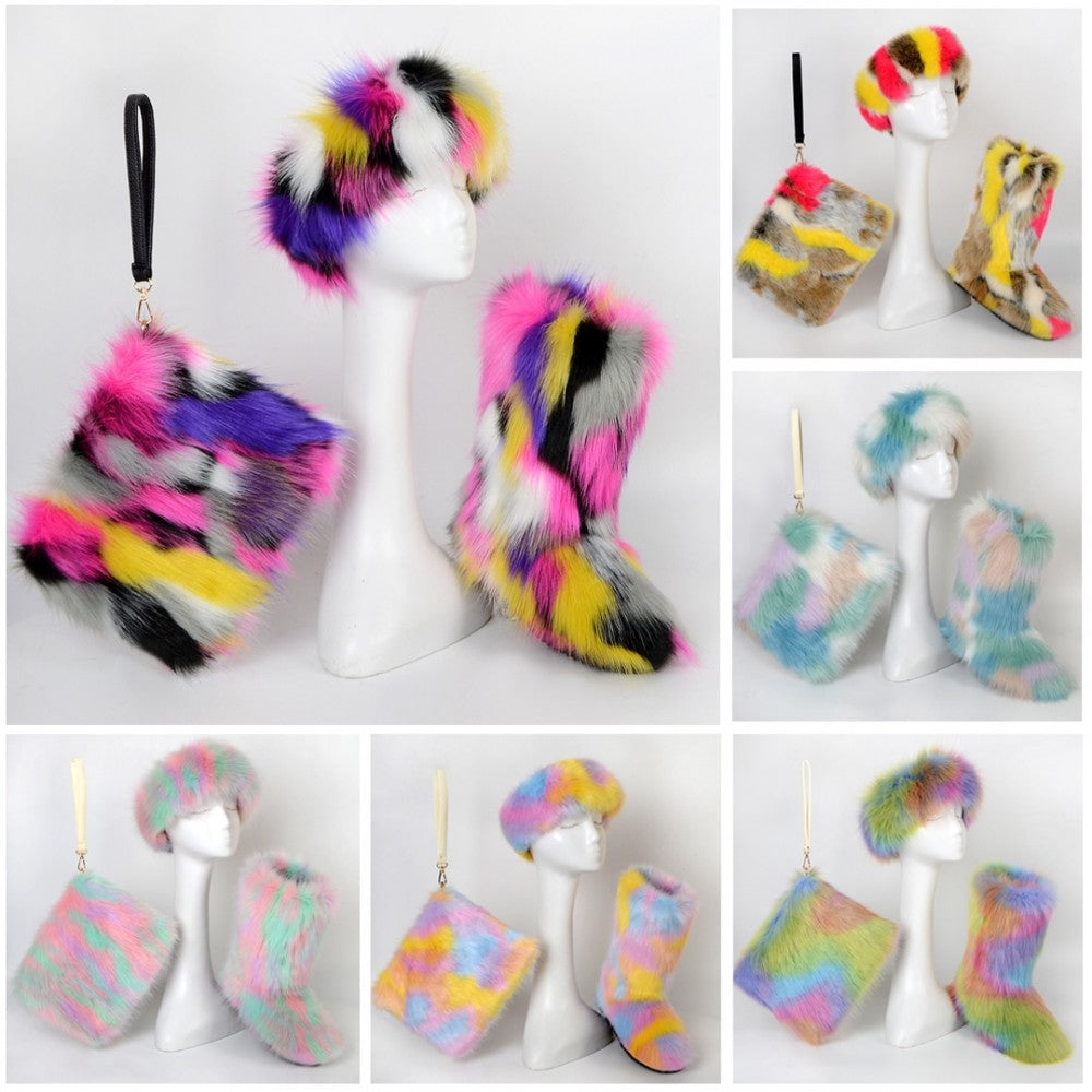 Colorful Winter Faux Fur Boots with Matching Fur Headband and Wristlet Bag Set