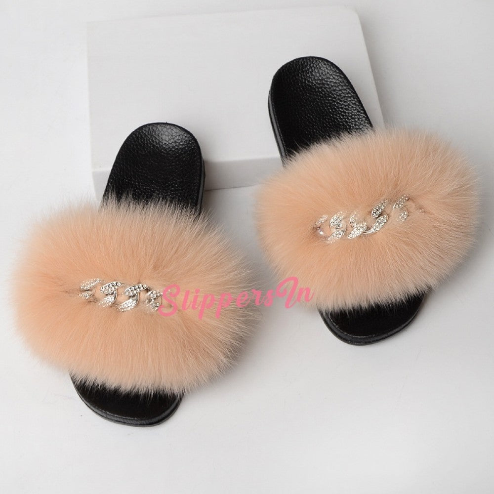 Colorful Fur Slides Shiny Chains Embellishment Slippers For Women