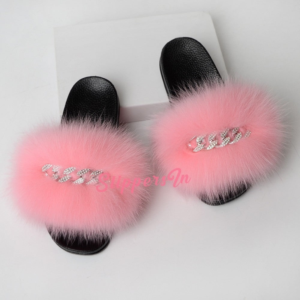 Colorful Fur Slides Shiny Chains Embellishment Slippers For Women