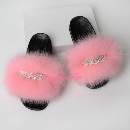 Colorful Fur Slides Shiny Chains Embellishment Slippers For Women