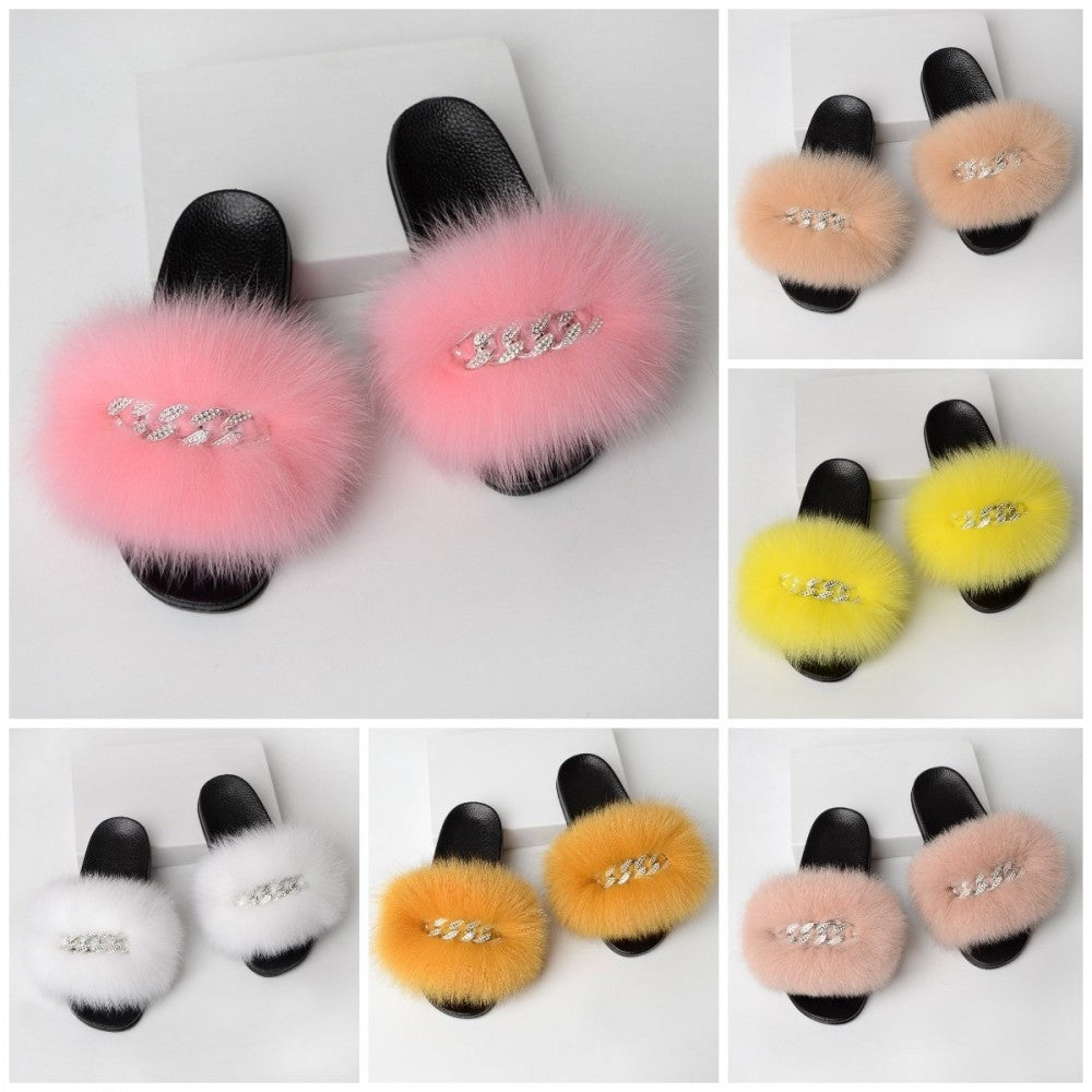 Colorful Fur Slides Shiny Chains Embellishment Slippers For Women
