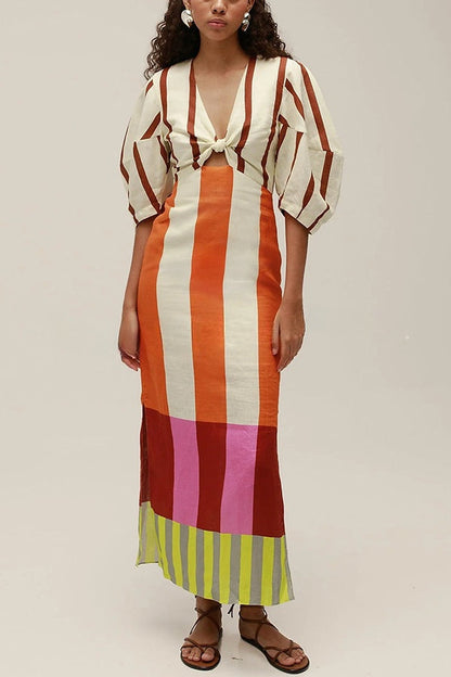 Kaya Linen Blend Color Block Print Front Cutout Knot Puff Sleeve Maxi Dress