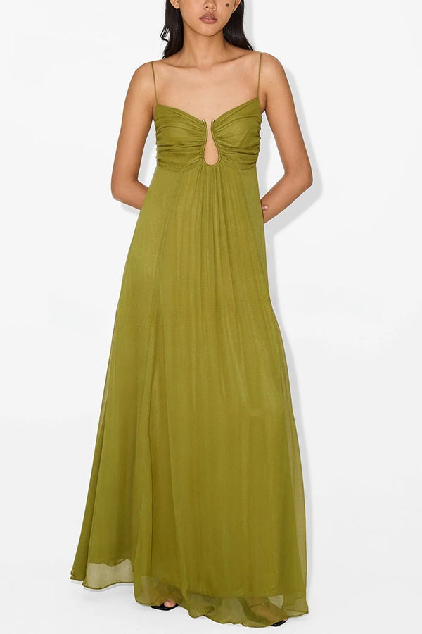 Soft and Elegant Metal Hollow Design Back Smocked A-line Slip Maxi Dress
