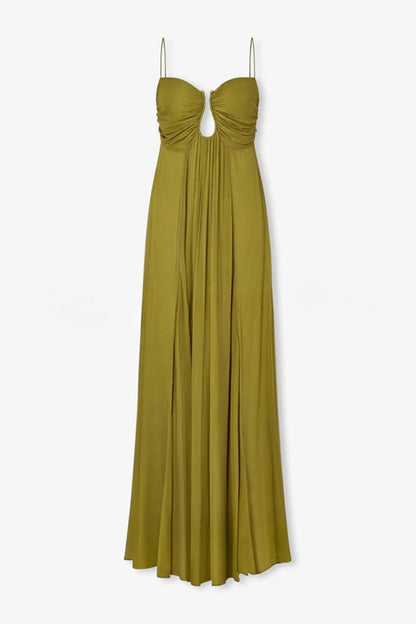 Soft and Elegant Metal Hollow Design Back Smocked A-line Slip Maxi Dress