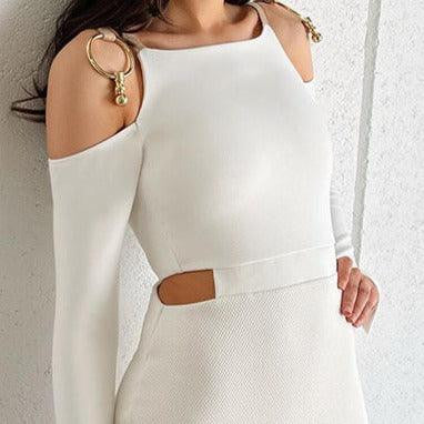 Cold Shoulder Metal Ring Hardware Side Waist Cutout Long Sleeve Textured Knit Bodycon Mini Dress
