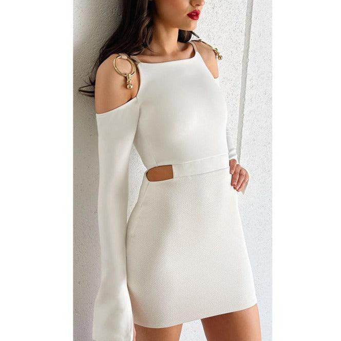 Cold Shoulder Metal Ring Hardware Side Waist Cutout Long Sleeve Textured Knit Bodycon Mini Dress