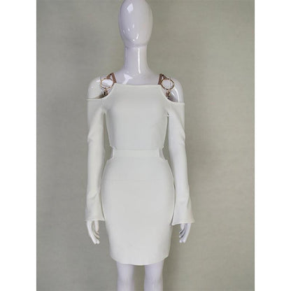 Cold Shoulder Metal Ring Hardware Side Waist Cutout Long Sleeve Textured Knit Bodycon Mini Dress