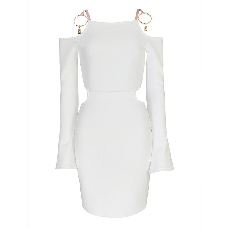Cold Shoulder Metal Ring Hardware Side Waist Cutout Long Sleeve Textured Knit Bodycon Mini Dress