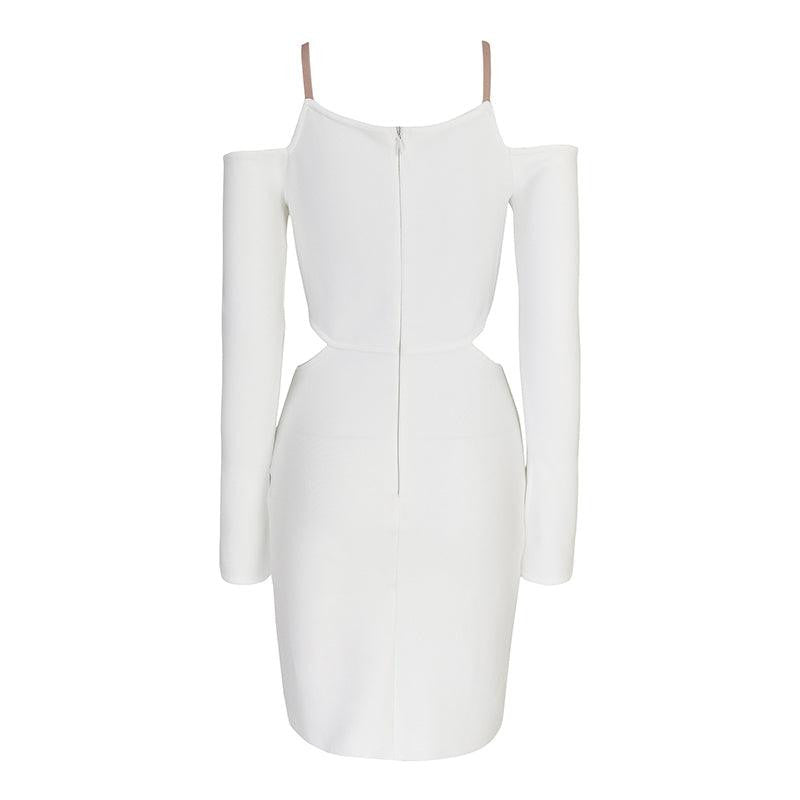 Cold Shoulder Metal Ring Hardware Side Waist Cutout Long Sleeve Textured Knit Bodycon Mini Dress