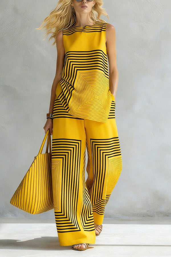Geometric Print Loose-fitting Round Neck Sleeveless Top and Elastic Waist Casual Pocket Wide-leg Pants Set