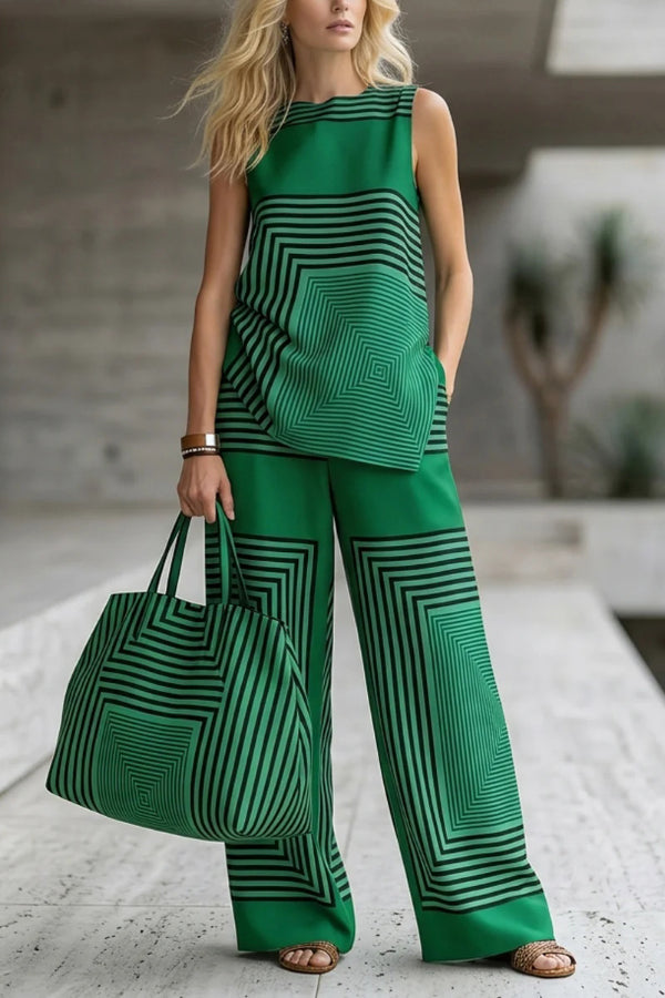 Geometric Print Loose-fitting Round Neck Sleeveless Top and Elastic Waist Casual Pocket Wide-leg Pants Set