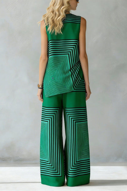 Geometric Print Loose-fitting Round Neck Sleeveless Top and Elastic Waist Casual Pocket Wide-leg Pants Set