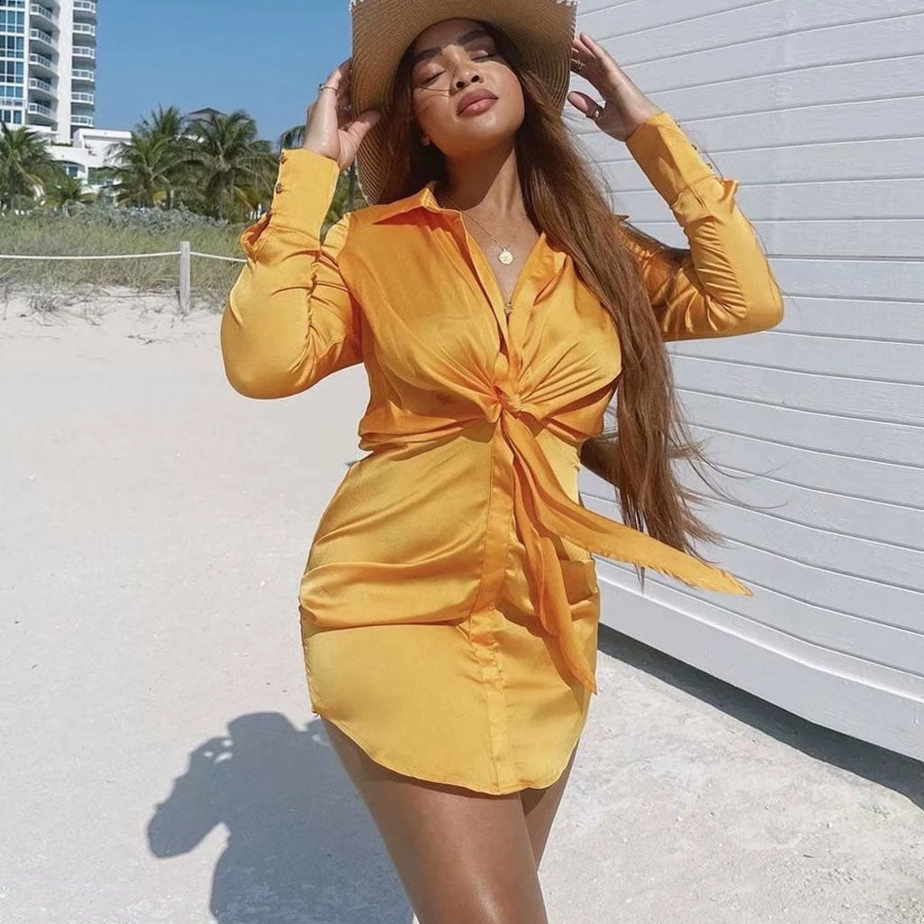 Collared Tie Front Knot Long Sleeve Satin Shirt Mini Dress