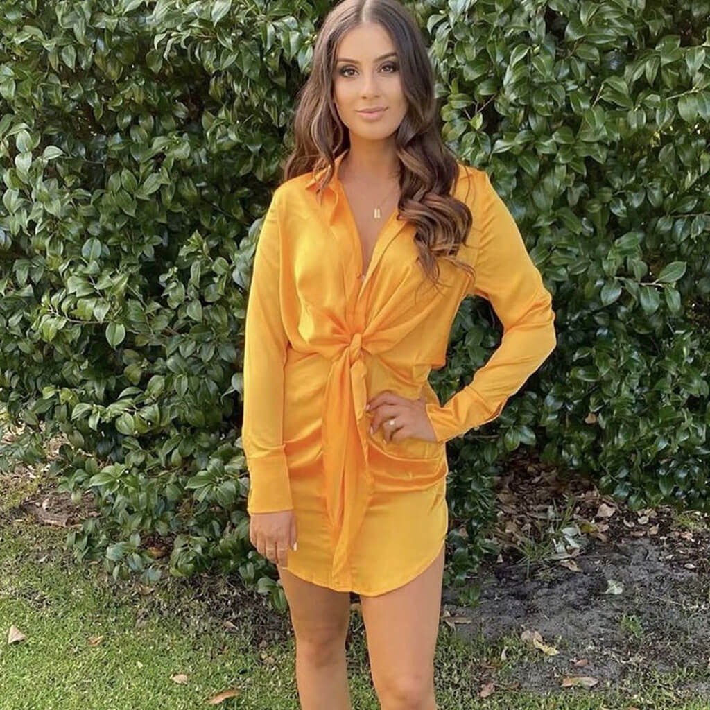 Collared Tie Front Knot Long Sleeve Satin Shirt Mini Dress