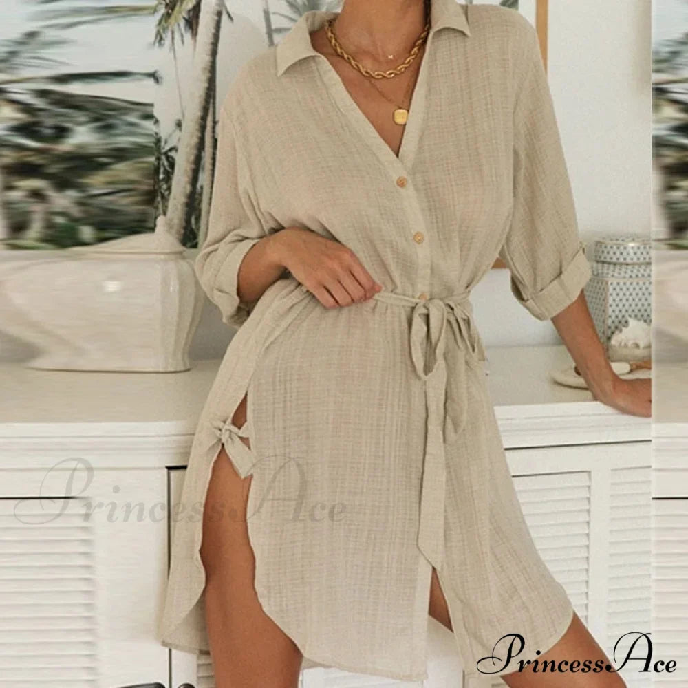 Gown Office Robe Linen Lapel Lady Long Vestidos Blouse Cotton Tunic Casual Women Solid Work Blouses Shirts Femme