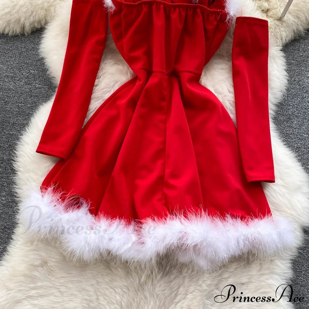 Gown Red for Backless Furry Strapless Elegant - Women Party New Year/Christmas/Femme