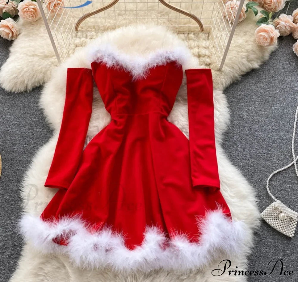 Gown Red for Backless Furry Strapless Elegant - Women Party New Year/Christmas/Femme