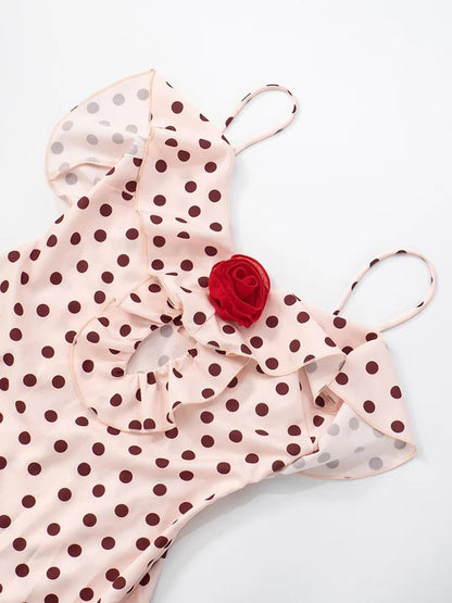 Polka Dot Spaghetti Strap Ruffle Trim Rosette Applique Slip Maxi Dress
