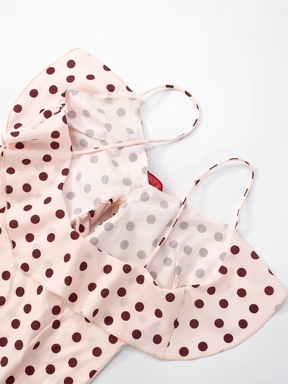 Polka Dot Spaghetti Strap Ruffle Trim Rosette Applique Slip Maxi Dress