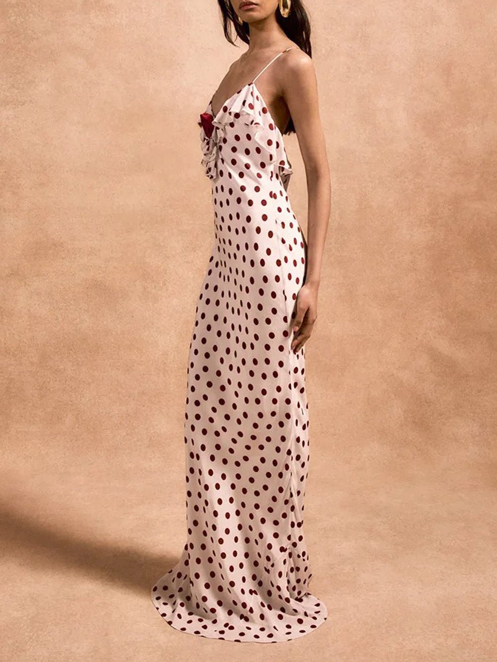 Polka Dot Spaghetti Strap Ruffle Trim Rosette Applique Slip Maxi Dress