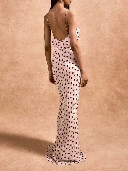 Polka Dot Spaghetti Strap Ruffle Trim Rosette Applique Slip Maxi Dress